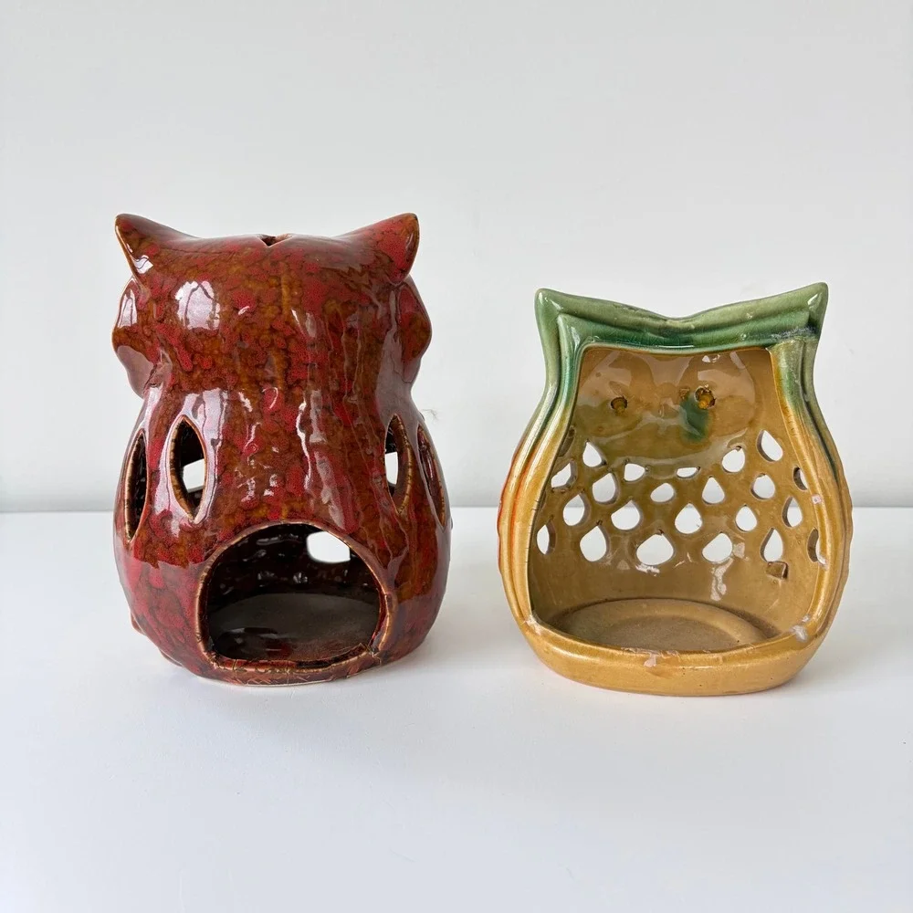 Vintage Ceramic Owl Tea Light Candle Holder Pair Mid Century Retro Boho Decor